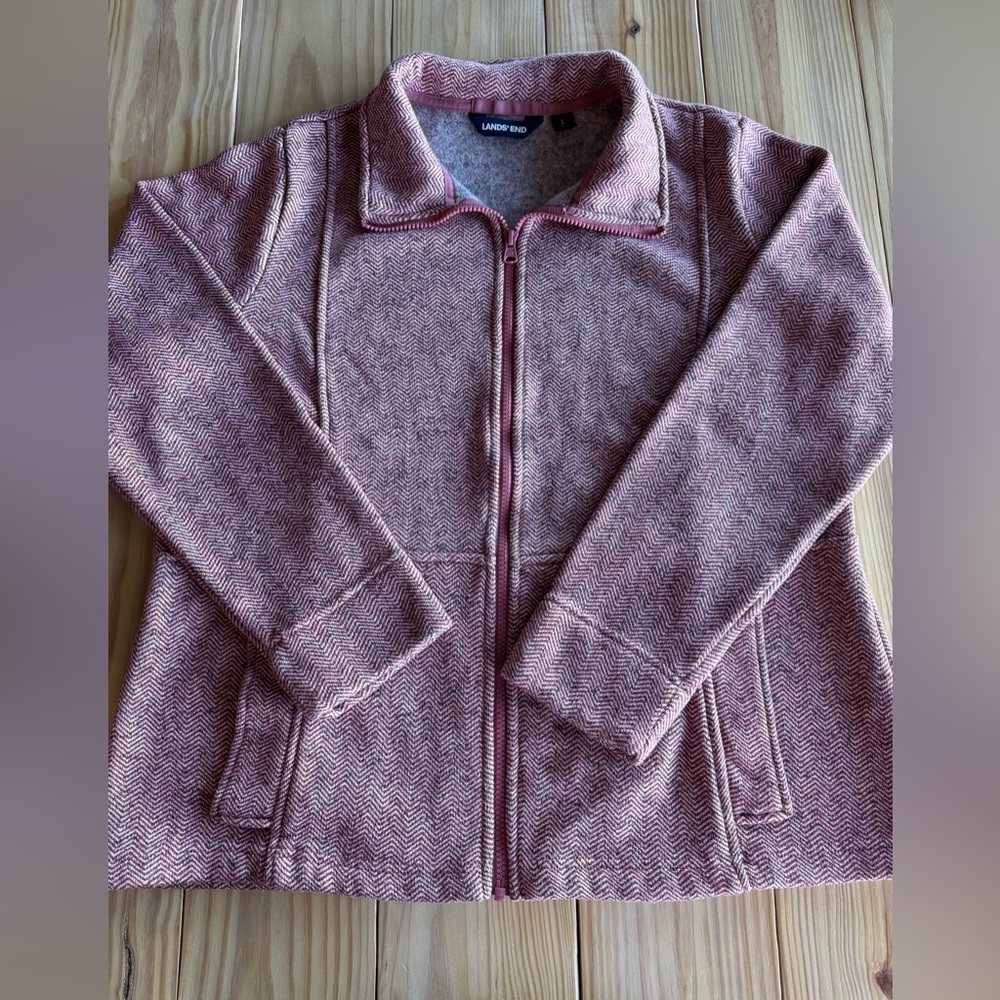 Lands' End Women's Pink Herringbone Full Zip Fleece Utility Jacket Size Large L - Picture 9 of 14